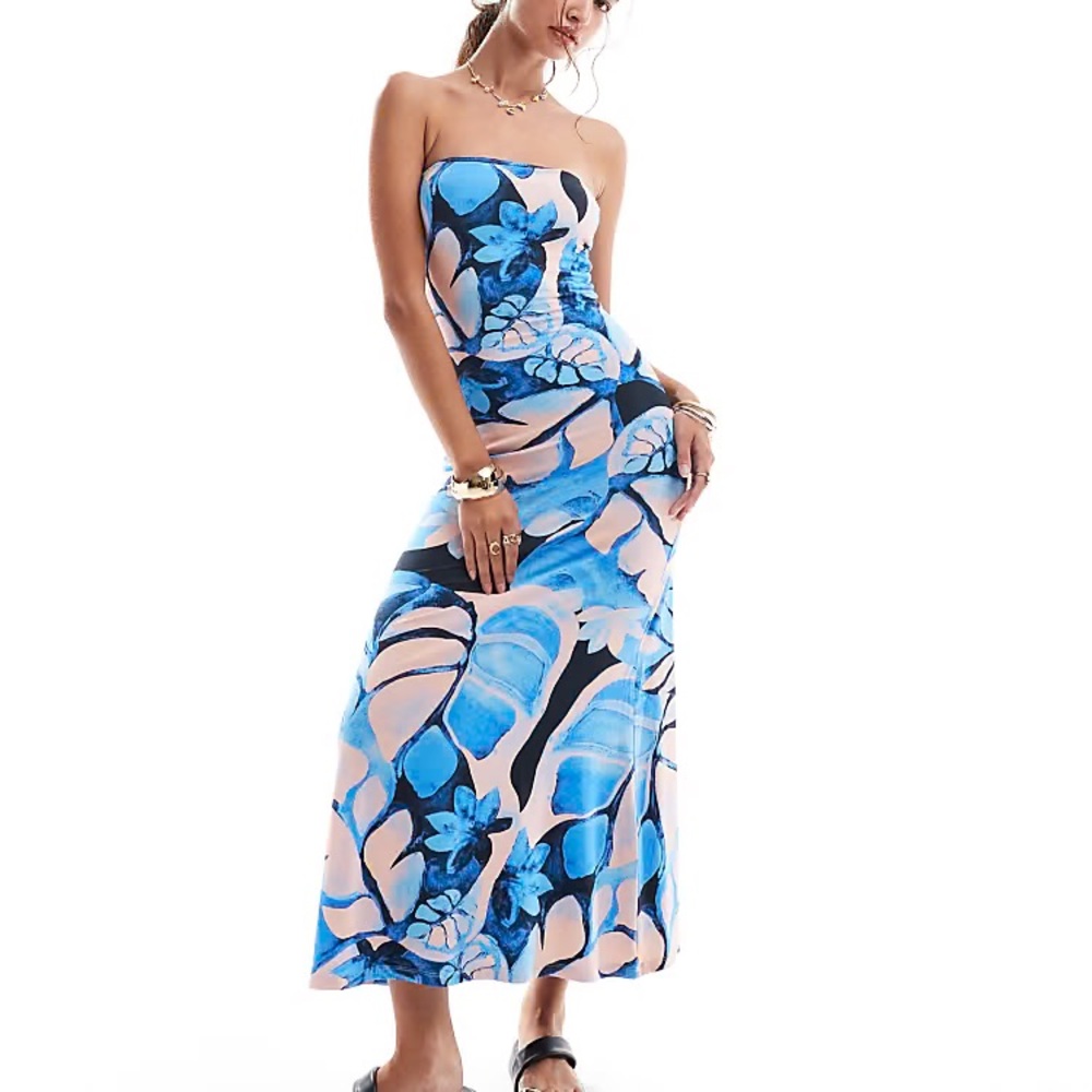 Asos Blue Floral Strapless Midi Dress